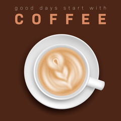 White coffee cup and saucer top view on brown background