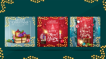 Set of Christmas square greeting cards with pile of Christmas presents, garlands and beautiful letterings