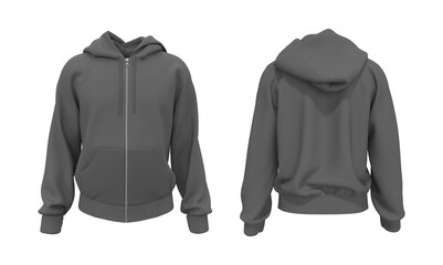 Blank hooded sweatshirt  mockup with zipper in front view, isolated on white  background, 3d rendering, 3d illustration