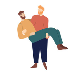 Homosexual man hold in arms his partner. Cute gay couple hug and kiss each other. Two lgbt men with beards in love. Flat vector illustration in cartoon style. Isolated on white.