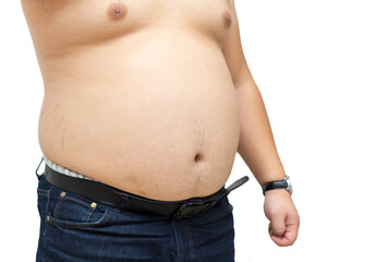 Fat man with a big belly on a white background. Diet