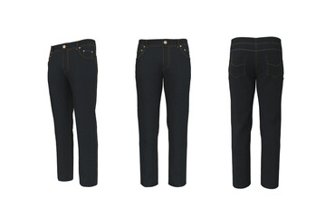 Men's jeans, front, side and back views. 3d rendering, 3d illustration