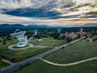 Drone view aerial panoramic of telephonic satelital antennas