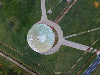 Drone view aerial panoramic of telephonic satelital antennas