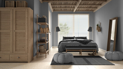 Cosy wooden peaceful bedroom in gray tones, double bed with pillows and blankets, ceramic tiles floor, carpet, poufs, mirror and window with venetian blinds, modern interior design