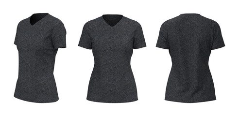 Women's v-neck t-shirt mockup, front, side and back views, design presentation for print, 3d illustration, 3d rendering
