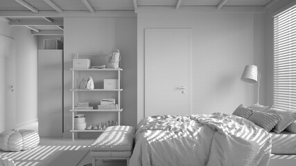 Total white project, cosy peaceful bedroom, double bed, pillows and blankets, ceramic tiles floor, carpet, poufs, shelves and window with venetian blinds, modern interior design
