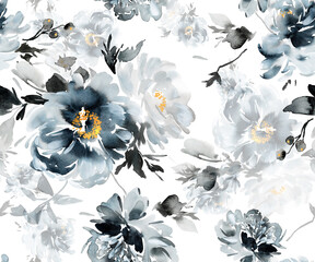 Seamless summer pattern with watercolor flowers handmade in indigo