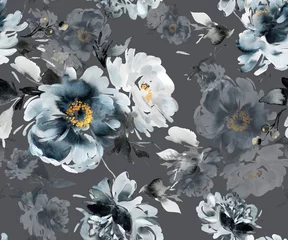 Tapeten Vintage Blumen Nahtloses Sommermuster mit Aquarellblumen, handgefertigt in Indigo