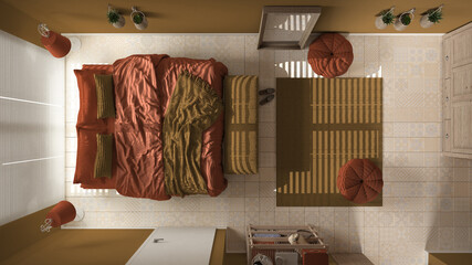 Cosy wooden peaceful bedroom in orange tones, bed with pillows and blankets, ceramic tiles, carpet, poufs, window with venetian blinds, top view, plan, above, modern interior design