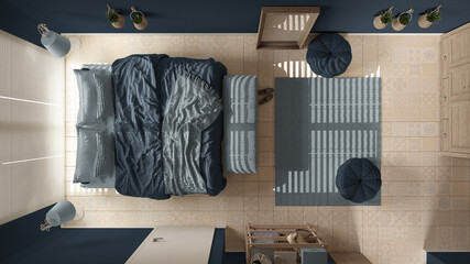 Cosy wooden peaceful bedroom in blue tones, bed with pillows and blankets, ceramic tiles, carpet, poufs, window with venetian blinds, top view, plan, above, modern interior design
