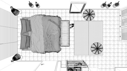 Blueprint project draft, cosy peaceful bedroom, bed with pillows and blankets, ceramic tiles, carpet, poufs, window with venetian blinds, top view, plan, above, modern interior design