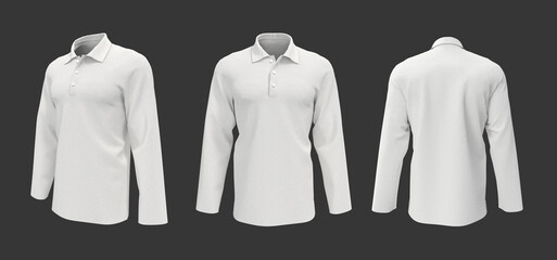 Blank collared shirt mockup, front, side and back views, tee design presentation for print, 3d rendering, 3d illustration