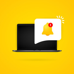 Notification bell on laptop display illustration. New message. Vector on isolated background. EPS 10