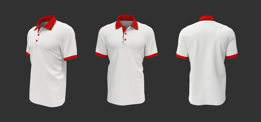 Blank collared shirt mockup, front, side and back views, tee design presentation for print, 3d rendering, 3d illustration