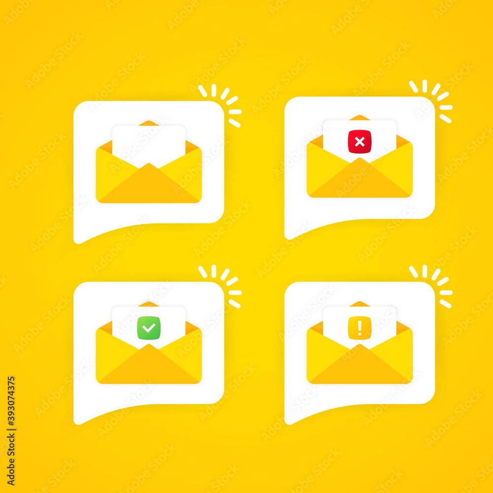 Poster opened envelope and document with check mark, cross mark and exclamation mark. vector on isolated ba