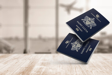 Two saint lucia passports are floating in the air, on a wood table, airport waiting room