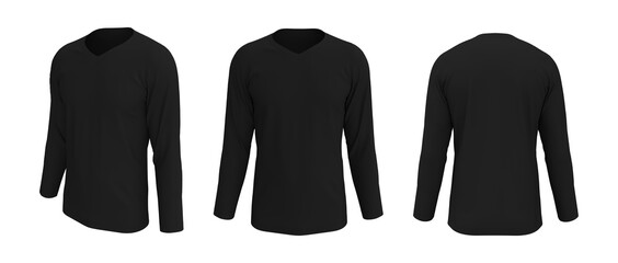 men's long sleeve t-shirt mockup in front, side and back views, design presentation for print, 3d illustration, 3d rendering