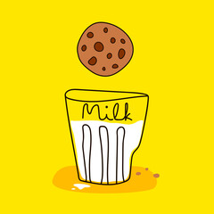 Cartoon poster with glass of milk and ginger chocolate cookies on yellow background. Seasons food concept. Funny holiday poster. Stock vector illustration for Xmas traditional postcard, banner, print