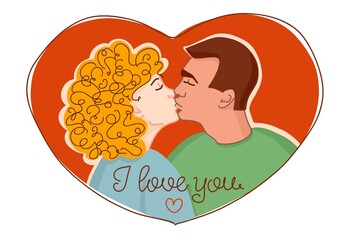 Romantic illustration. A couple in love kisses in the heart. On white background. A man and a girl on Valentine s Day, a Declaration of love. Vector.