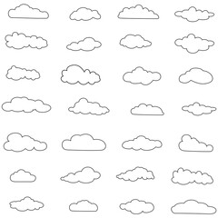 Outline cloud icons set isolated on white background. Collection of different black clouds. Cartoon contour icons for web site, background template, wallpaper and sky design. Clouds thin line vector