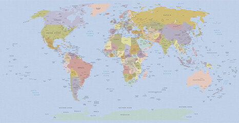 Naklejka na ściany i meble Political World map in Mercator projection, illustration