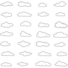Outline cloud icons set isolated on white background. Collection of different black clouds. Cartoon contour icons for web site, background template, wallpaper and sky design. Clouds thin line vector