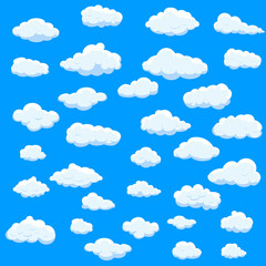 White cartoon clouds set isolated on blue background. Collection of different cartoon clouds for background template, wallpaper and sky design. Cartoon clouds vector. Sky illustration
