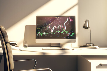 Modern computer screen with abstract creative financial chart, research and analytics concept. 3D Rendering