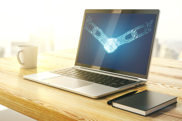 Fototapeta premium Creative abstract block chain technology hologram with handshake on modern computer monitor, cryptography and decentralization concept. 3D Rendering