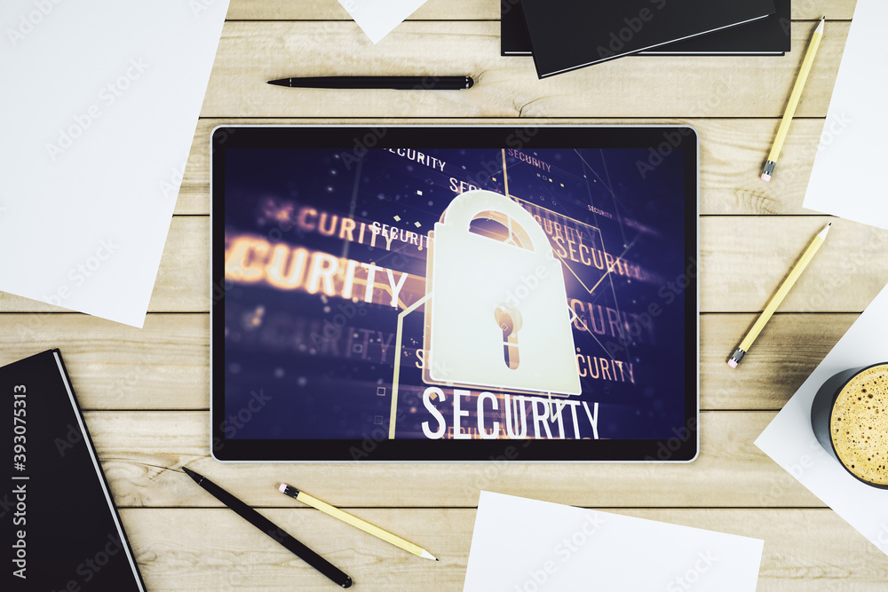 Aufkleber Creative idea concept with lock symbol and microcircuit illustration on modern digital tablet screen. Protection and firewall concept. Top view. 3D Rendering