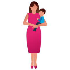 A woman holds a child in her arms. International Women's Day. Mothers Day. Children's Day is celebrated all over the world. Flat bright vector illustration in cartoon style.