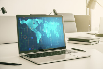 Modern computer display with abstract graphic world map, big data and networking concept. 3D Rendering