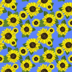 Seamless blue summery background with yellow sunflowers and green leaves for fashion design, textile, wrapping paper, package wallpaper, bag print