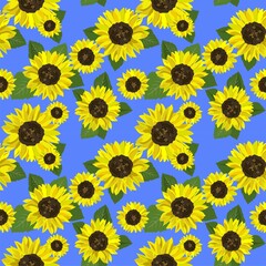 Seamless blue summery background with yellow sunflowers and green leaves for fashion design, textile, wrapping paper, package wallpaper, bag print