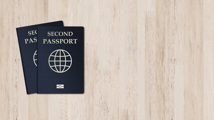 Second passport on a wooden background, space for texts