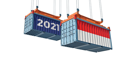 Trading 2021. Freight container with Indonesia flag. 3D Rendering 