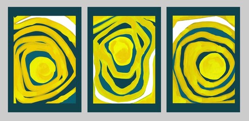Three abstract paintings in one theme. Yellow stripes on a blue background. Minimalism is stylish. Vector.