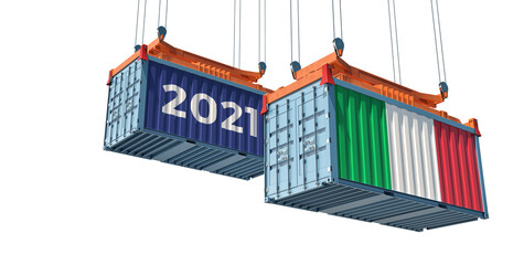 Trading 2021. Freight container with Italy flag. 3D Rendering 