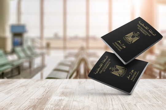 Palestinian Passport On A Wooden Balcony In The Airport Waiting Room. Close-up View With Selective Focus ,floating In Midair