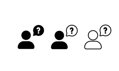 Ask icon set. Faq icon. Help with people and question mark and bubble. Speaking of people. Chat icon. Dialog icon.