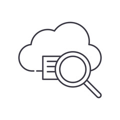 Cloud data search icon, linear isolated illustration, thin line vector, web design sign, outline concept symbol with editable stroke on white background.