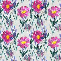 Seamless pattern with flowers. Watercolor or acrylic painting. Hand drawn floral background.