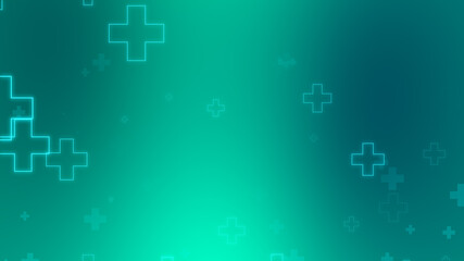 Medical health blue green cross neon light shapes pattern background. Abstract healthcare technology and science concept.