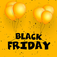 Yellow illustration Black Friday. Yellow background and balloons. Words on a string.