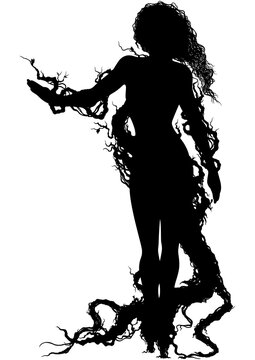 Dryad woman silhouette / Stylized woman in branches and roots outfit