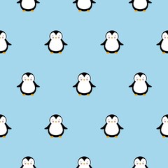 Cute Penguin Cartoon Seamless Pattern on Blue Background Kawaii style Christmas illustration