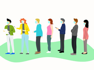 flat character design of people lining up using masks