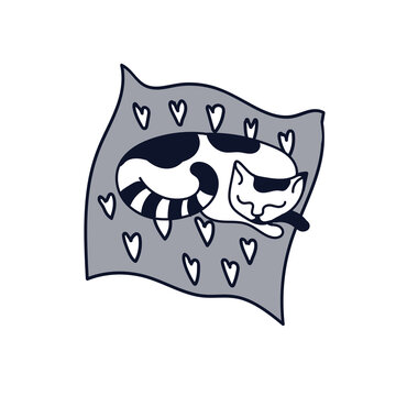 Monochrome doodle of sleeping cute cat lies on a pillow isolated on white background. Cozy mood collection, For cards, posters, stickers and baby textile or home design.