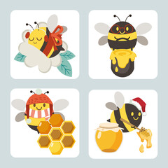 The collection of cute bee with accessory of christmas party theme in flat vector style. 
